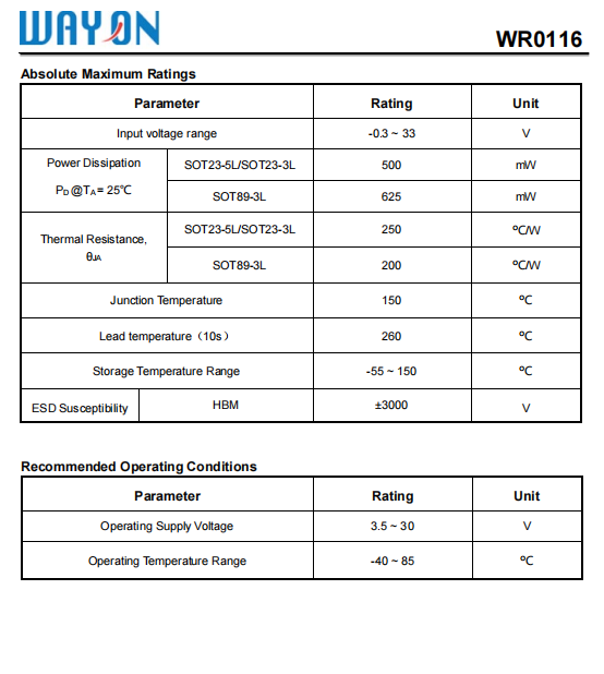 Wayon代理，維安代理，超低功耗CMOS LDO ，WR0116系列 ，WR0116-33A21R ，WR0116-33A51R， WR0116-33A31R