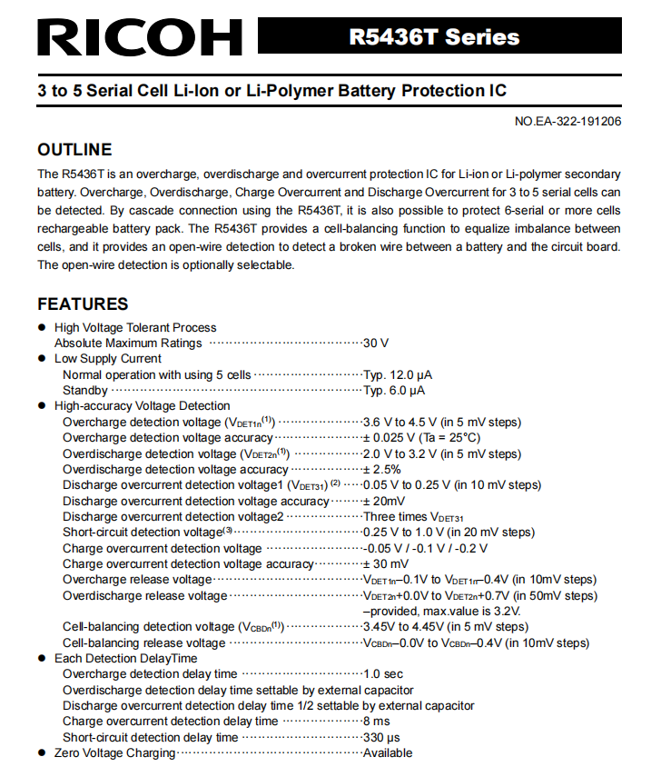 RICOH代理商，理光一級代理商，理光R5436系列 ，三節(jié)至五節(jié)鋰電池保護(hù)芯片（帶溫度保護(hù)功能），鋰電池保護(hù)芯片，電池保護(hù)芯片