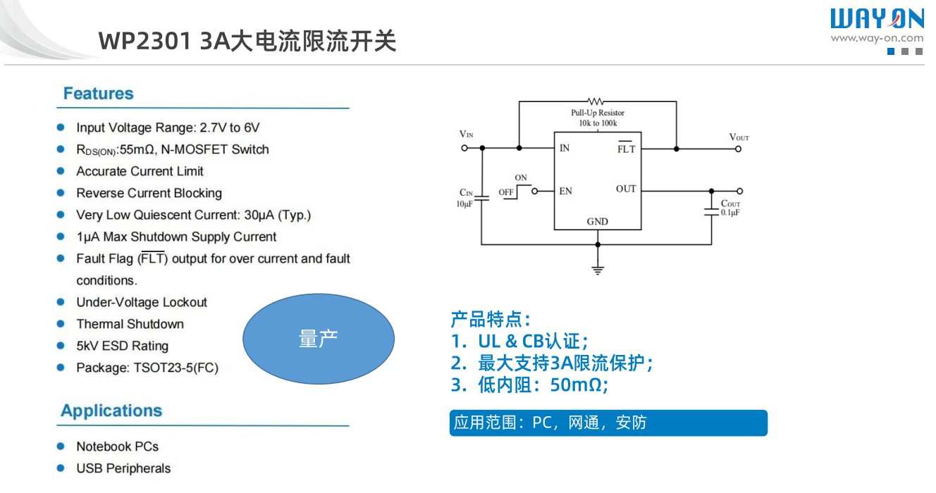 維安限流開(kāi)關(guān)，WR2301 3A大電流限流開(kāi)關(guān)，完美替換矽力杰SY6282LACC， 6V, 2.5A低損耗USB限流開(kāi)關(guān)芯片.png